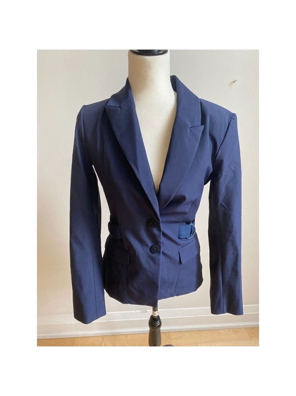 Jonathan Simkhai Sz small navy blue Blazer Jacket 2 button closure collar belt